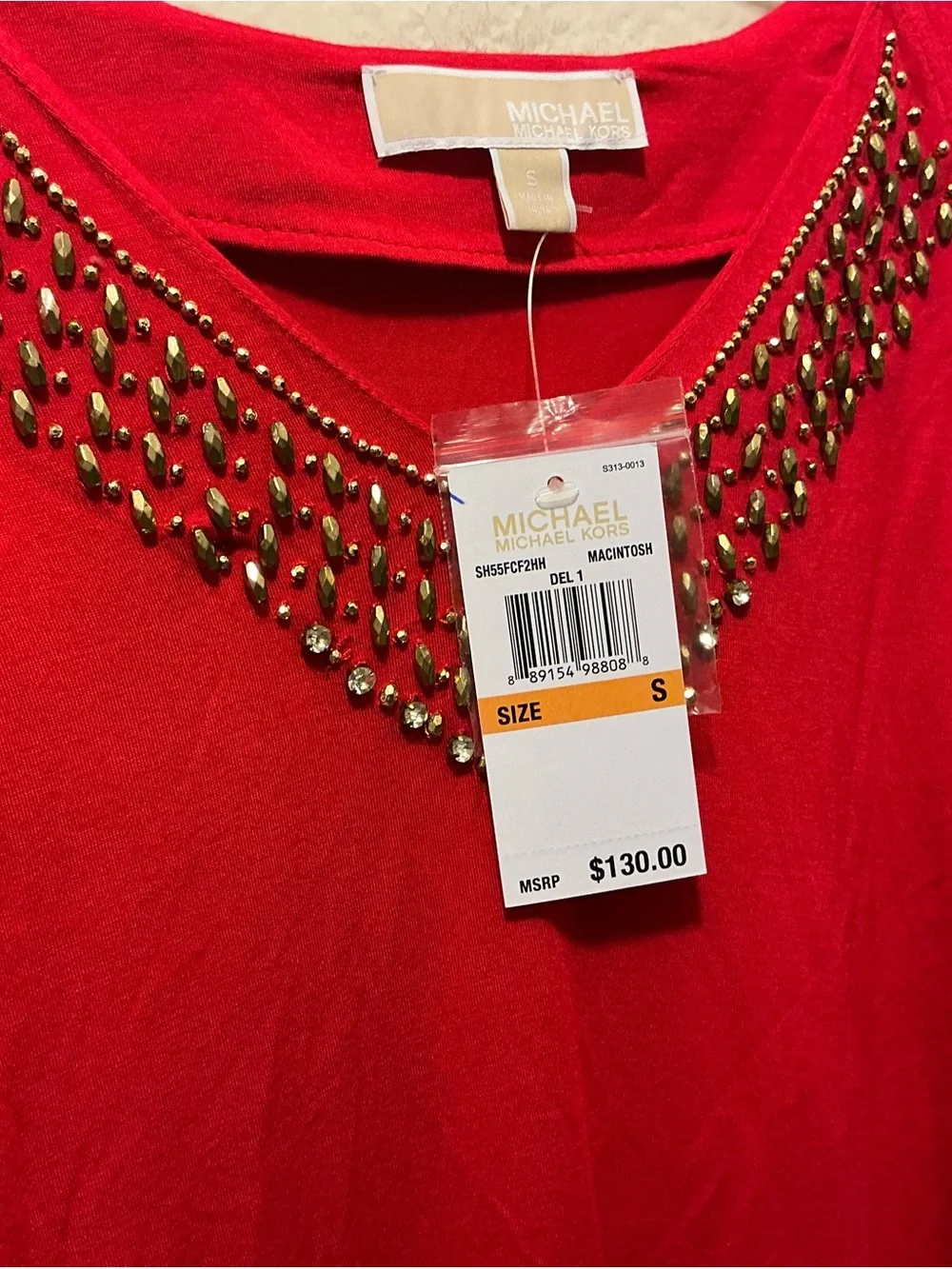NWT Michael Kors Red Long-Sleeve V-Neck Top with Beaded Trim